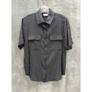 Vintage Academia Button Up Shirt Womens Medium Shoulder Pads Grid Print Textured